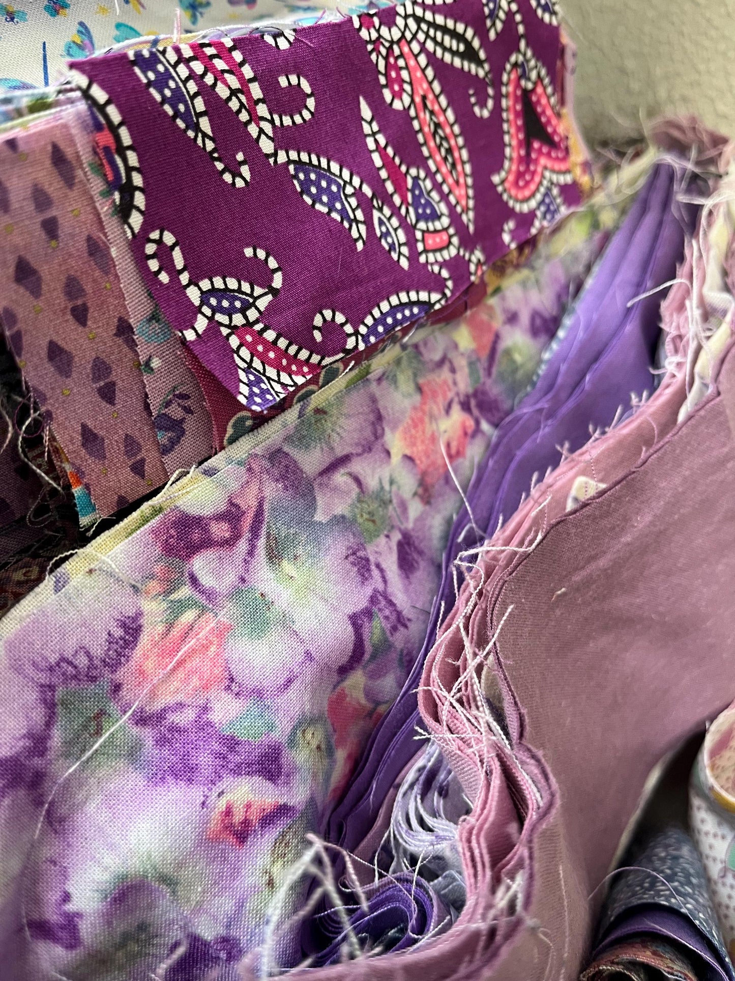 PURPLE Cotton Fabric Strip Bundles Quilting & Crafting  (approx 15 scrappy strips)